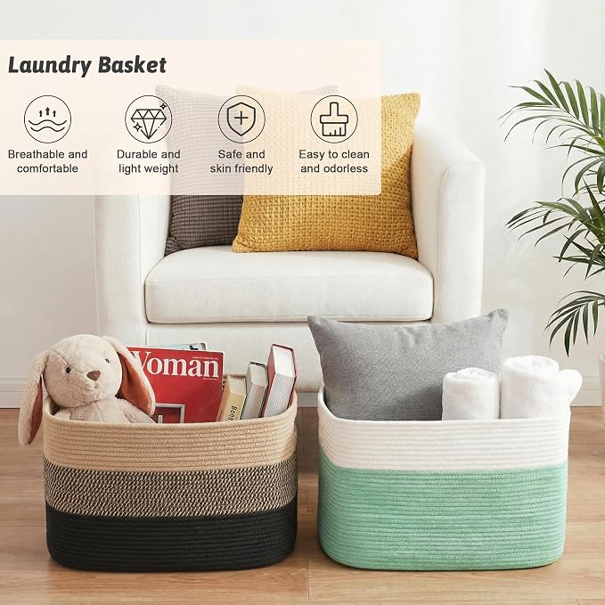 Artfeel Blanket Basket,Rectangle Woven Baskets for Storage,65L Laundry Basket for Decorative Nursery Blanket,Toys,Dirty Clothes and Magazine in Shelves,Baby Room,and Living Room