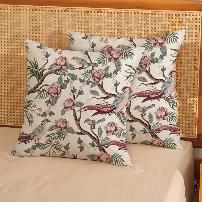 Chinoiserie Pillow Covers 18x18 Set of 2 Pink Green Bird Floral Throw Pillows Vintage Pink Flower Bird Decorative Pillow Cases Chinoiserie Decor Farmhouse Outdoor Cushion Case for Couch Sofa