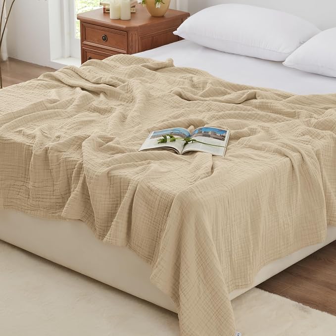 Love's cabin 100% Cotton Muslin Blanket, 6 Layer Lightweight Breathable Gauze King Size Blanket 108 x 90 Inches, Soft Summer Blanket for Bed, Khaki