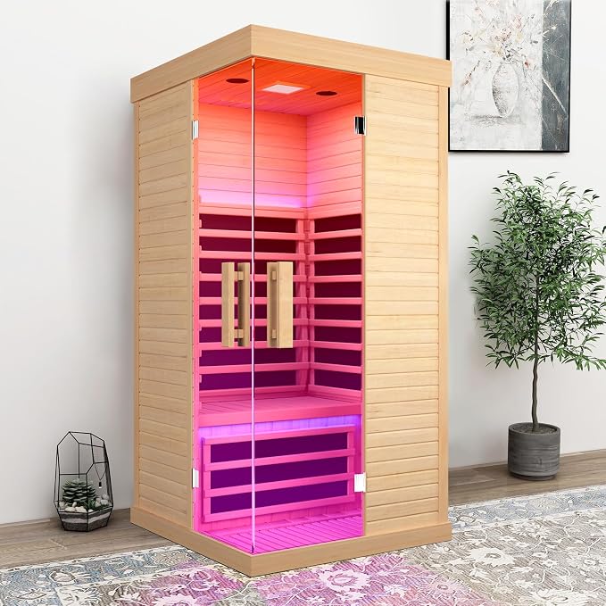 OUTEXER Sauna Room Indoor Far Infrared Saunas Home Canadian Hemlock 1450W Low-EMF Dry Saunas Single Person Spa with 7 Color Therapy 35.4 * 35.4 * 70.9inch