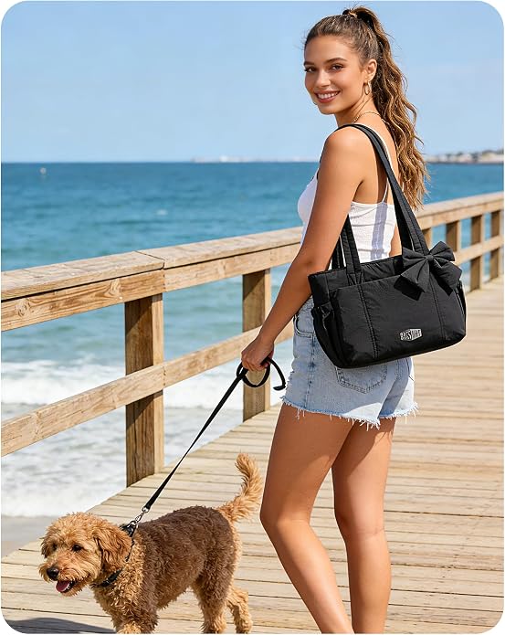 BAGSMART Crush Bow Tote Bag for Women, Puffer Travel Work Yoga Laptop Bag | Large Bow Tote Fits 40oz Tumbler, 15.6" Laptop, Yoga Mat Sleeve, Waterproof Pocket, Travel Work Swim Gym Mom Shoulder Handbag