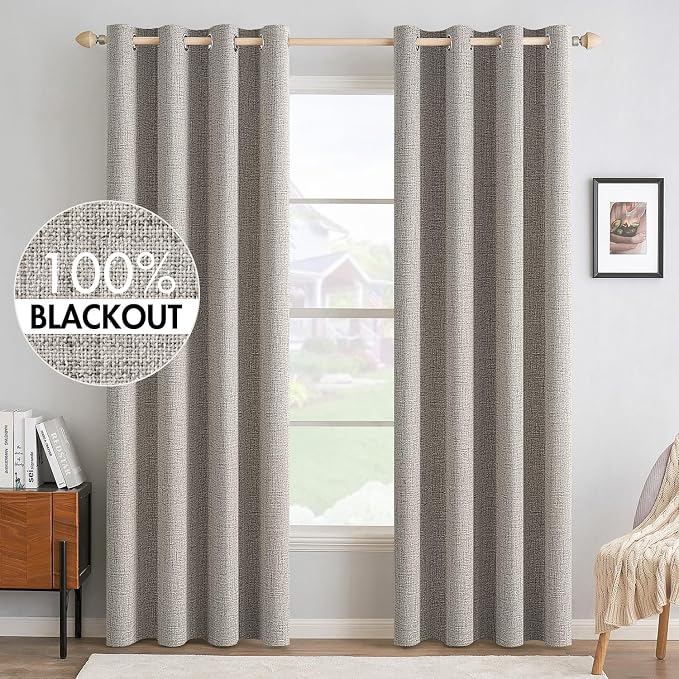 MIULEE 100% Blackout Linen Textured Curtains for Bedroom Solid Thermal Insulated Warm Taupe Grommet Room Darkening Curtains & Drapes Luxury Decor for Living Room 52 x 72 Inch (2 Panels)