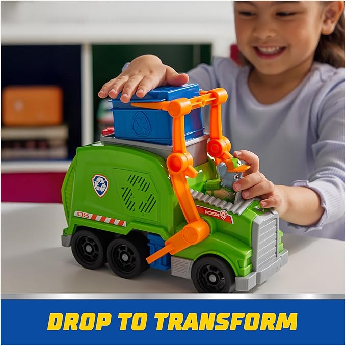 Paw Patrol: Crush N’ Roll Recycling Truck with Rocky Action Figure & Transforming Compacted Trash Vehicle, Kids Toys for Boys & Girls Ages 3 and up