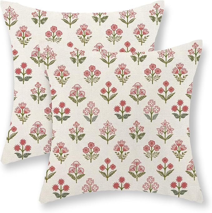 Farmhouse Floral Block Print Pillow Covers 18x18 Set of 2, Vintage Rustic Decorative Throw Pillows Modern Flower Cushion Covers for Sofa Couch Bed Living Room Home Decor, Sage Green Pink