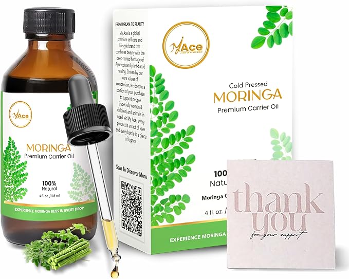 My Ace Moringa Carrier Oil 4 Fl Oz - 100% Pure & Natural - Premium Grade, Cold Pressed Unrefined for Skin & Face Care, Hair Growth, Facial & Body Massage, Scalp Treatment, Stretch Marks & Aromatherapy