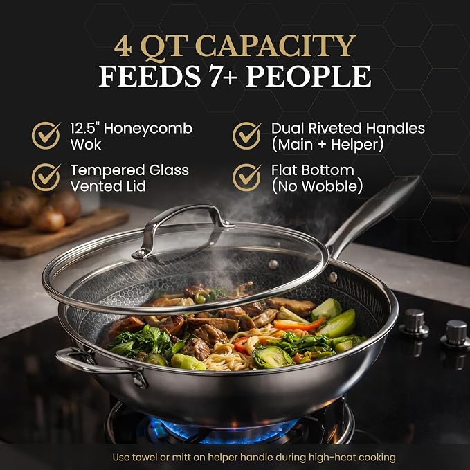 MUGAA® 12.5" Honeycomb Stainless Steel Wok with Lid Nonstick Induction Safe | Heavy-Duty Stir Fry Pan, Induction Compatible & Even Heat Distribution, PFOA-Free Non Toxic Cookware, Oven & Dishwasher Safe