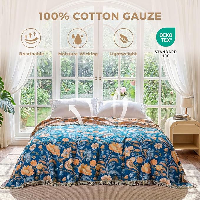 LUTBM Boho Throw Blanket for Couch 50"x60", Cotton Decorative Bed Throws | Blue Reversible Floral Birds Jacquard, All-Season Lightweight Soft Blankets, For Chair Sofa Bedroom Living Room, Home Decor