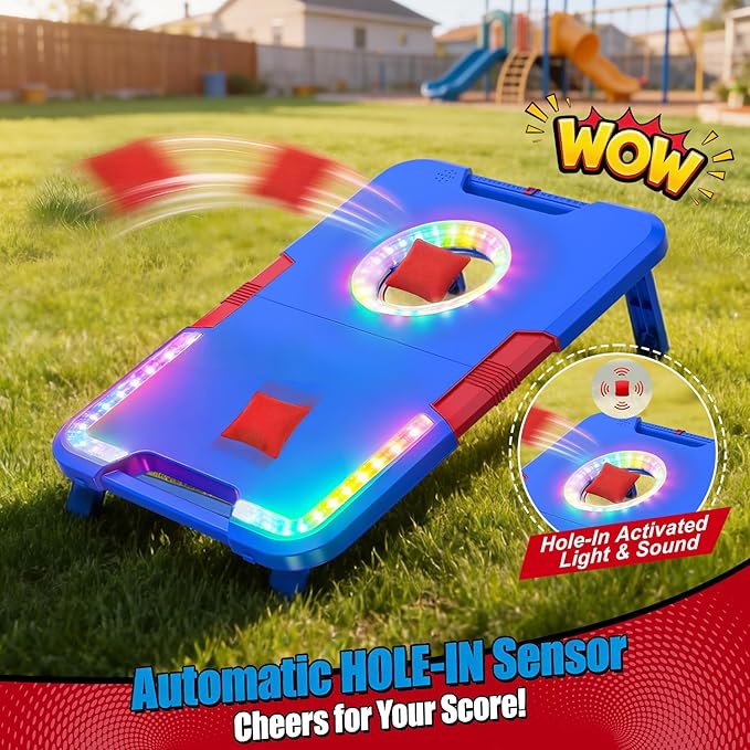 TERRAMUS Light-Up Cornhole Board Set, Corn hole Sets with Sound Effects, 2 Foldable Boards & 8 Bean Bags, Portable Outdoor Toss game, Backyard Party Camping Toys Gifts for Kids,Teens,Family,Ages 6-12+