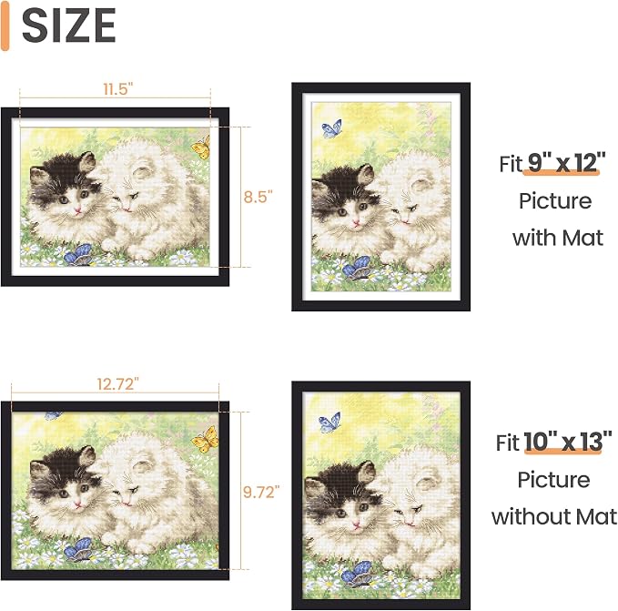 upsimples 10x13 Picture Frames, Display Pictures 9x12 with Mat or 10 x 13 Without, Wall Hanging Photo Frame, Black, 1 Pack