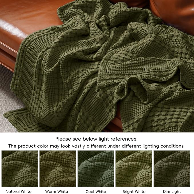 PHF 100% Cotton Waffle Blanket Twin Size, Lightweight Breathable Summer Blanket for Hot Sleepers, Pre-Washed Soft Layer for Bed, Dorm, Couch & Guest Room, Home Decor Gift, 66"x90", Capulet Olive