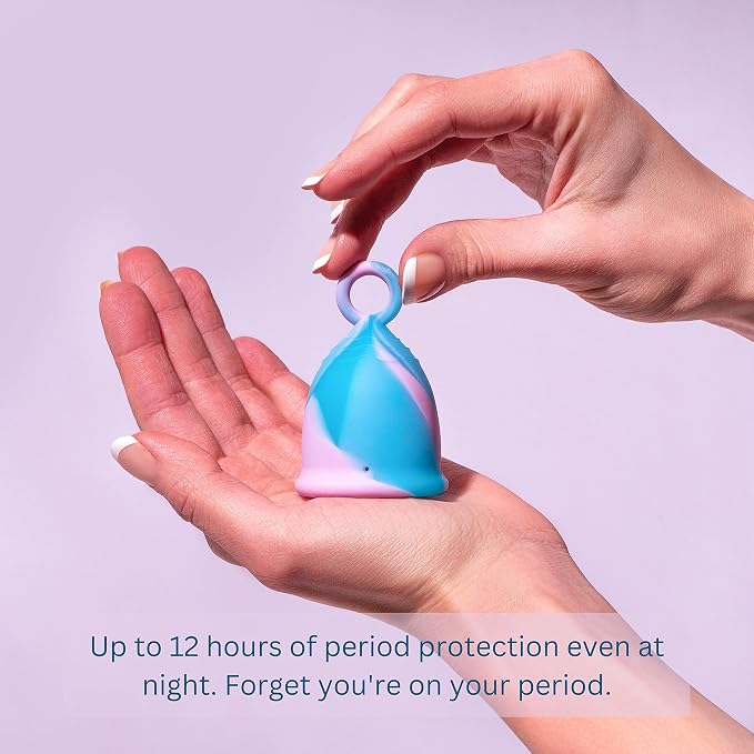 Menstrual Cup with Ring Easy Removal (Medium) - 12 Hr Protection No Leak Soft Flexible - 100% Medical Grade Silicone - Safe and Sustainable Tampon and Pad Alternative - Reusable