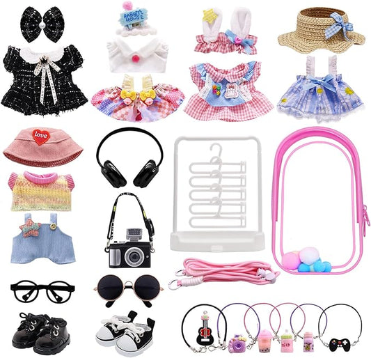 5-Pack Clothes Set Designed for Labubu Clothes with Accessories Set, Includes 6 Mini Accessories, Display Bag, Clothes Rack, Headphones, Camera, Sunglasses, Shoes Accessories for Labubu - Style B
