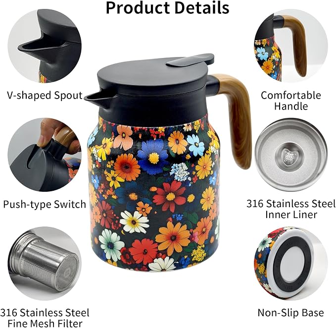 35 OZ Vintage Floral Tea Pot with Infuser, Insulated Stainless Steel Tea Kettle, 12 Hour Hot/Cold Retention, Tea-Water Separation Loose Leaf Tea Steeper for Hot Drinks (Daisy)