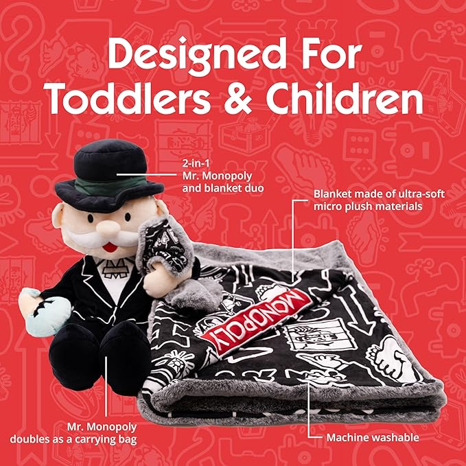 Monopoly Blankie Bestie Stuffed Animal Blanket - 2-in-1 Baby Blanket with Stuffed Animal, Soft Plush Toy Baby Shower Gifts for Boys, Girls, Toddlers & Kids, Sensory Plush Toy