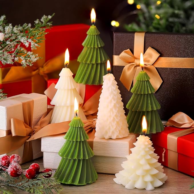 Conelist 6 Pcs Christmas Tree Candles Christmas Tree Shaped Taper Candles Decorative Xmas Wax Scented Candlesticks for Xmas Eve Winter Holiday Home Table Decoration Gift(White,Green,Classic Style)