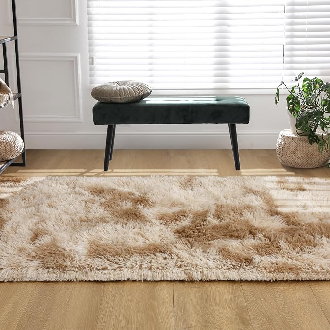 Tepook Fluffy Runner Rugs for Bedroom Aesthetic 2x6 Feet, Shag Soft Bedside Rug with Non-Slip Bottom, Fuzzy Plush Carpet for Room, Hallway Rug for Nursery Dorm Indoor Home Decor, Tie-Dyed Beige