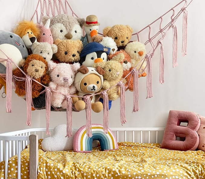 Stuffed Animal Storage Hammock or Net Corner - Large Toy Hammock Net for Stuffed Animals Room Decor - Cute Stuff Animal Organizer Plush Holder - Kids Baby Nursery Essentials Wall Bedroom Home Decor