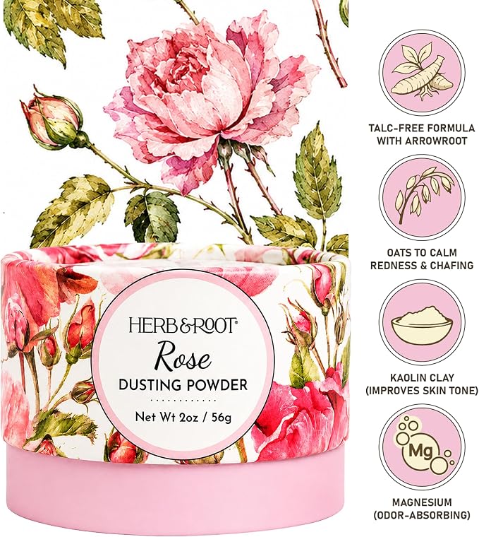 Rose Dusting Powder (2 oz Travel Size) – Talc-Free Body Powder with Arrowroot & Magnesium for Odor & Moisture – Soothing Anti-Chafe Powder for Underarms, Bra Line & Body – Made in USA