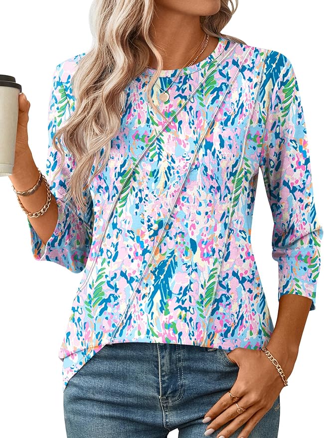 LOMON 3/4 Length Sleeve Womens Tops Spring Summer Fashion 2026 Tops Crew Neck Pleated Shirts Tunic Top Loose Fit