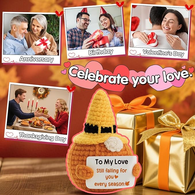 Fall Season Unique to My Love Gift, Handmade Pumpkin Gnome Crochet Plush with Message Card: Still Falling for You Every Season for Her Him Women Men Wife Husband Boyfriend Grilfriend