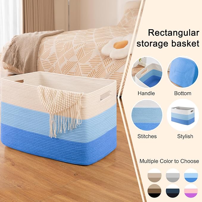 OIAHOMY 108L Super Large Blanket Basket, 25”x16”x16” Rectangle Woven Baskets for Storage, Cotton Rope Basket For Living Room, Toy Storage with Handle - Gradient Light Blue