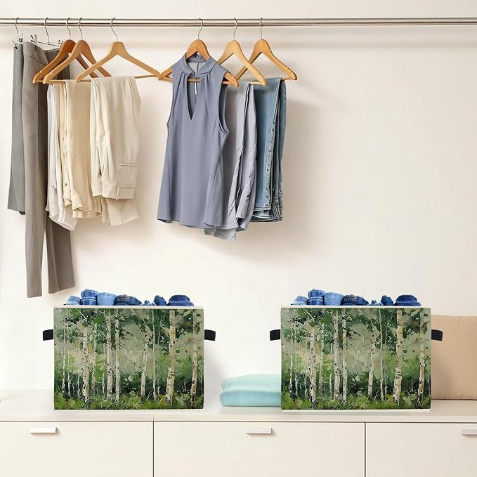 Modern Abstract Birch Tree Storage Box Bins, Green Forest Nature Landscape Collapsible Storage Basket Organizer for Bedroom Laundry Room Home Clothes Books, Decor for Room