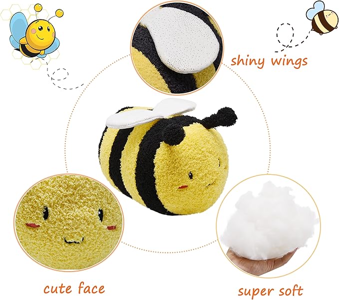 Fuzzy Bumblebee Stuffed Animal with Smile Face and White Wings Super Cute Plush Bee Toy Excellent Gifts for Kids or Honey 12 Inch