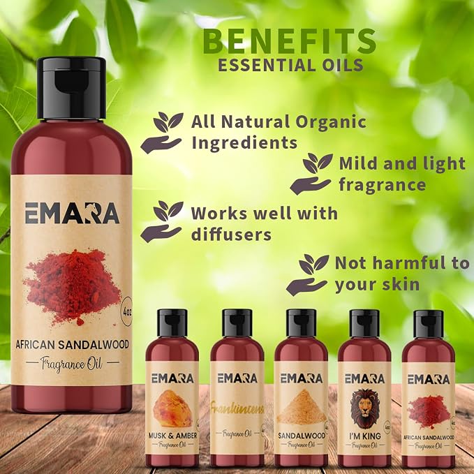 EMARA All Natural Earthy African Sandalwood Essential Oil for Diffusers, Skin Care, Aromatherapy Fragrance Oil, Organic Therapeutic Grade 4 fl oz
