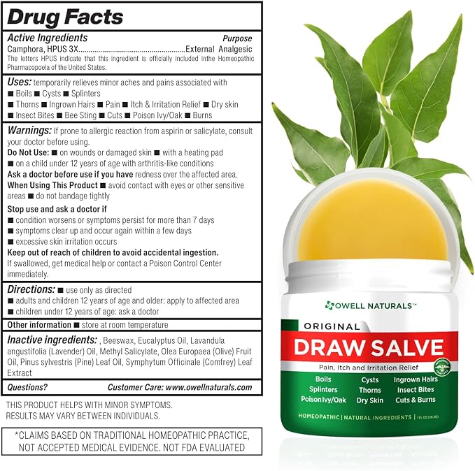 OWELL NATURALS Drawing Salve Ointment for Boil & Cyst Removal, Deep Ingrown Hair, Splinter Remover, Bug Spider Bites, Bee Sting, Mosquito Itching, Poison Ivy, 2 fl Oz (Pack of 2)