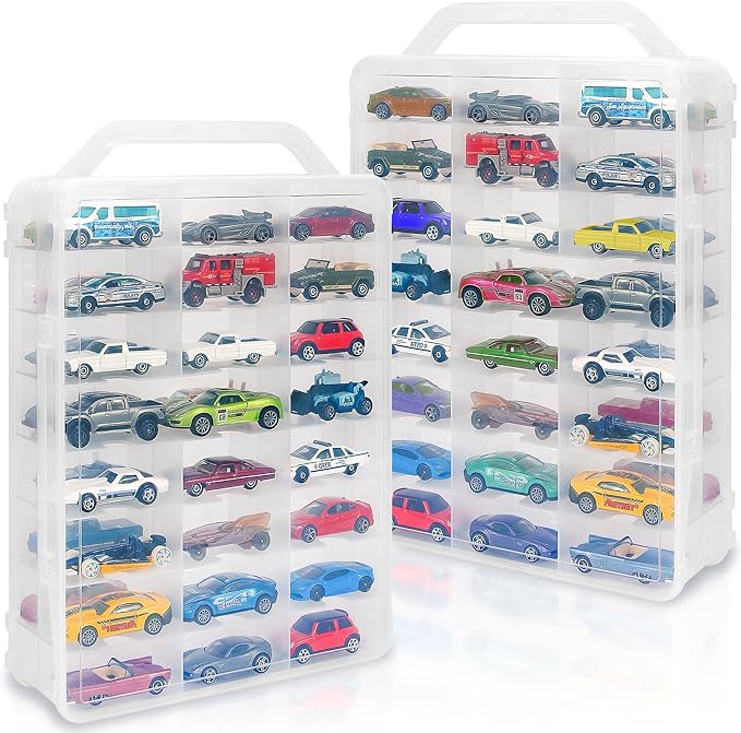 Double Sided Toy Car Storage Case for 48 Toy Cars, Matchbox Cars, Mini Toys, Small Dolls, Portable Storage Case for Toy Cars, Matchbox Cars with 46 Slots, Case Only (Transparent-2 Pack)