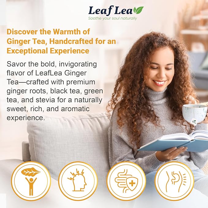 LeafLea Green Tea Bags With Ginger, Digestion & Immune Support, 120 Count | Spicy-Warming Ginger Green Tea For The Whole Family, Stevia-Sweetened, Gluten-Free, Sugar-Free