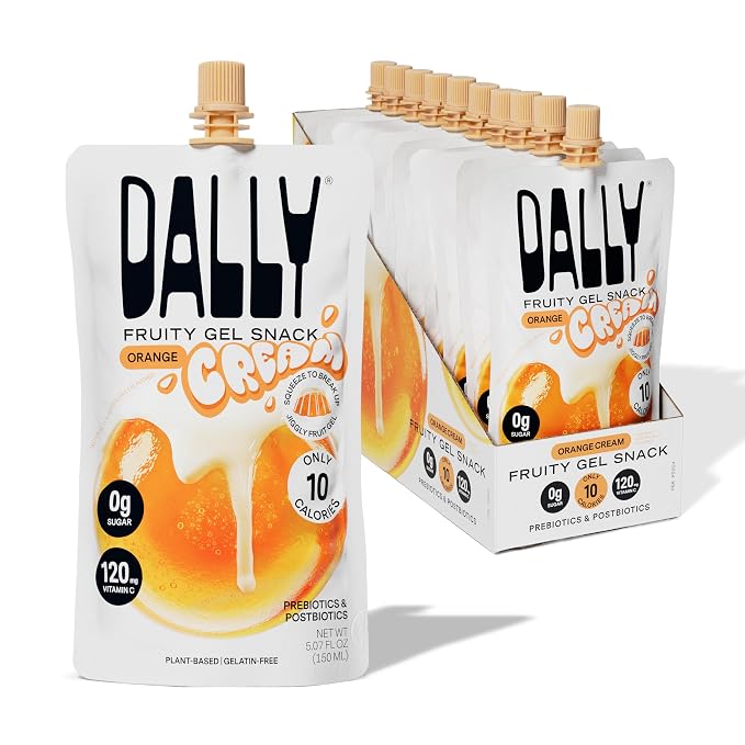 Dally Orange Cream Drinkable Konjac Jelly, 10 Pouches, Fruit Snack | Sugar free, keto and gluten free; prebiotics, postbiotics and vitamin C for skin and immune health
