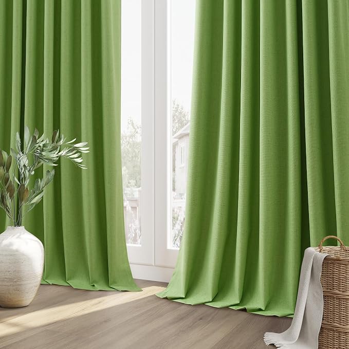 Guken 100% Blackout Curtains 102 Inch Length 2 Panels Set for Living Room Bedroom Back Tab Thermal Insulated Black Out Linen Drapes Room Darkening Lime Green,52x102