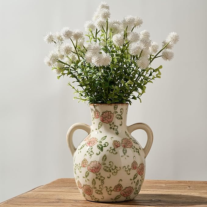 SIDUCAL Ceramic Vintage Pastoral Vase with Handles, 7 Inch Chinoiserie Floral Vase, Retro Ice Cracked Rustic Farmhouse Vases for Home Decor, Living Room, Bookshelf, Office, Tuscan Decor, Red Rose