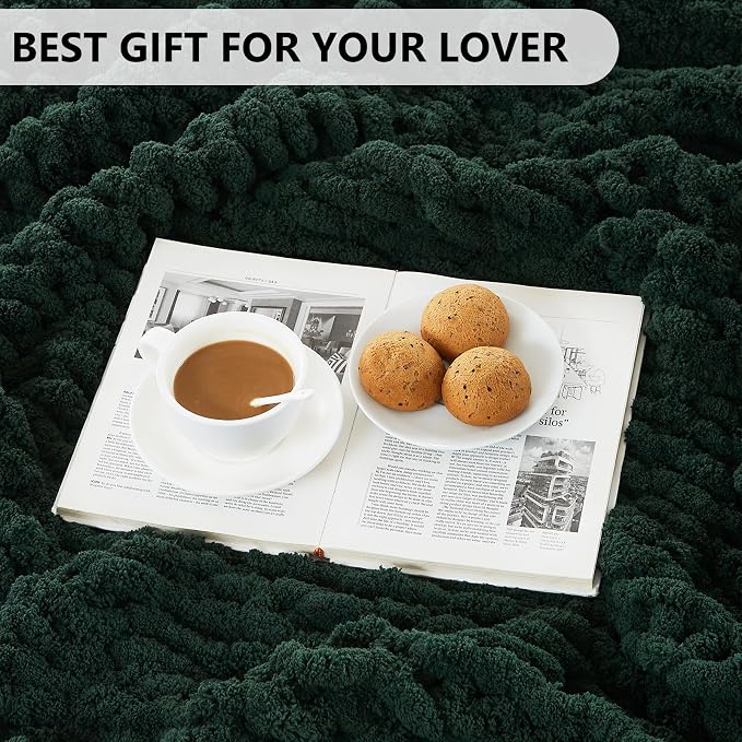 L'AGRATY Chunky Knit Throw Blanket for Couch, 50 x 60 Inches, Olive Green | Handmade Chenille Crochet Blanket for Sofa Bed, Thick Cable Knitted Blankets for Room Home Decor, Birthday Gift for Women Mom