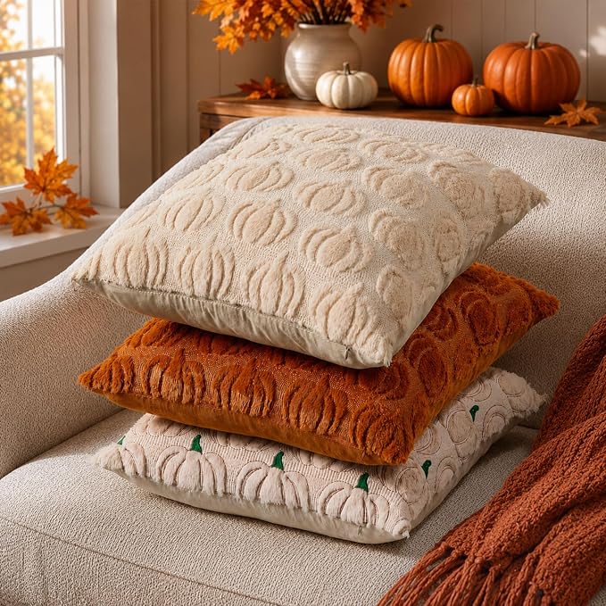 DFXSZ Fall Pillow Covers 22x22 2Pcs Beige Pumpkin Fall Decorations for Home | Fall decor Set of 2 Throw Pillow Cases Soft Plush Faux Fur Wool Couch Cushion for Chair Sofa Bedroom Living Room Home Decor