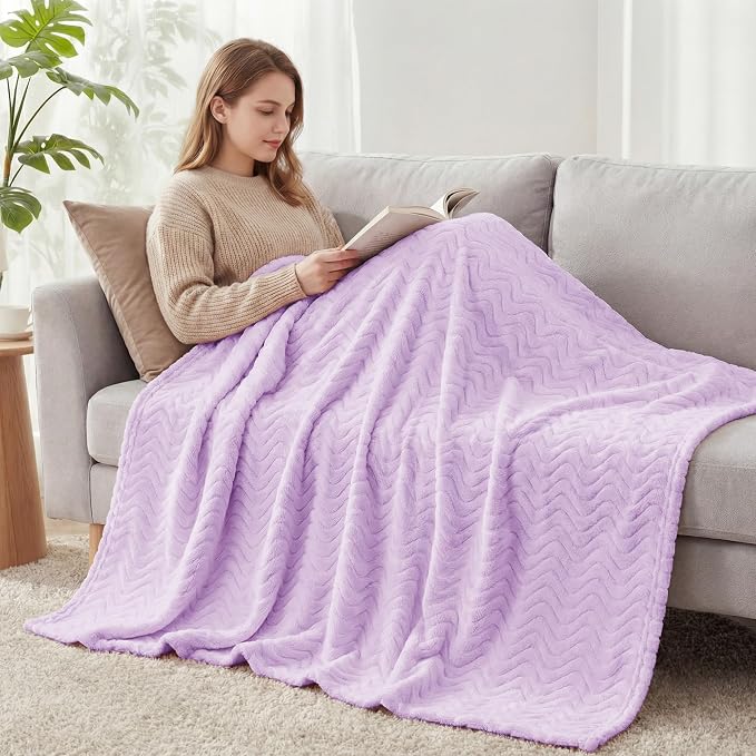 Exclusivo Mezcla Soft Fleece Blanket King Size for Bed, Sofa, Lilac Purple | 90"x104" Breathable Lightweight Flannel Blanket for Summer, Plush Cozy Jacquard Wave for Home Decor