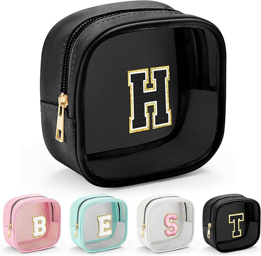 YOOLIFE Initial Makeup Bag Travel Toiletry Bag, Clear Makeup Bag Car Accessories For Women Clear Makeup Bags With Zipper Girlfriend Teacher 13 Year Old Girl Gifts Daughter Girl Gifts Mini Black H