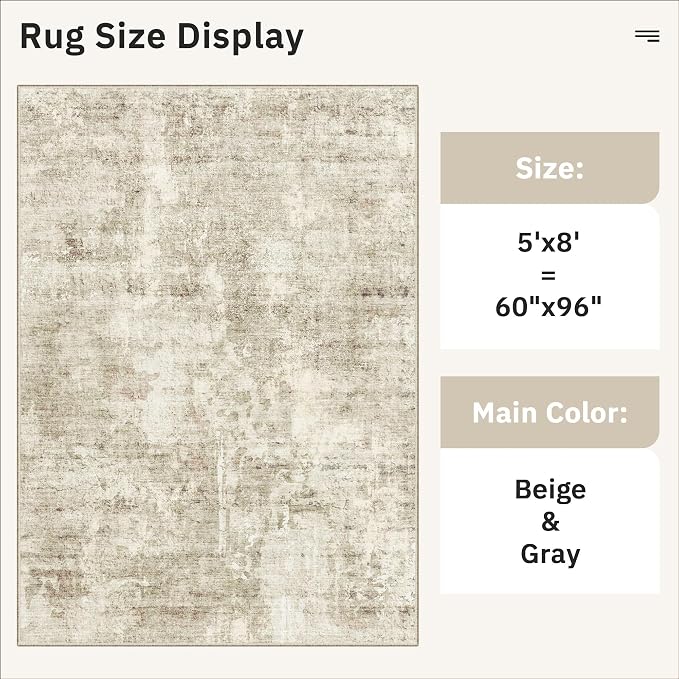 Soalmost Abstract Rug 5x8 Washable Area Rugs for Living Room, Beige/Gray | Vintage Non-Slip Indoor Accent for Bedroom Dining, Foldable Stain Resistant Floor Carpet Mat Under Table Home Office Decor
