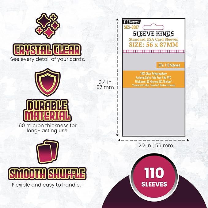 Sleeve Kings Standard Card Sleeves – 110 Count, Clear 60 Micron Thickness, Medium USA Size (56 x 87 mm), Compatible with Heat: Pedal to the Metal & More – SKU: SKS-8807