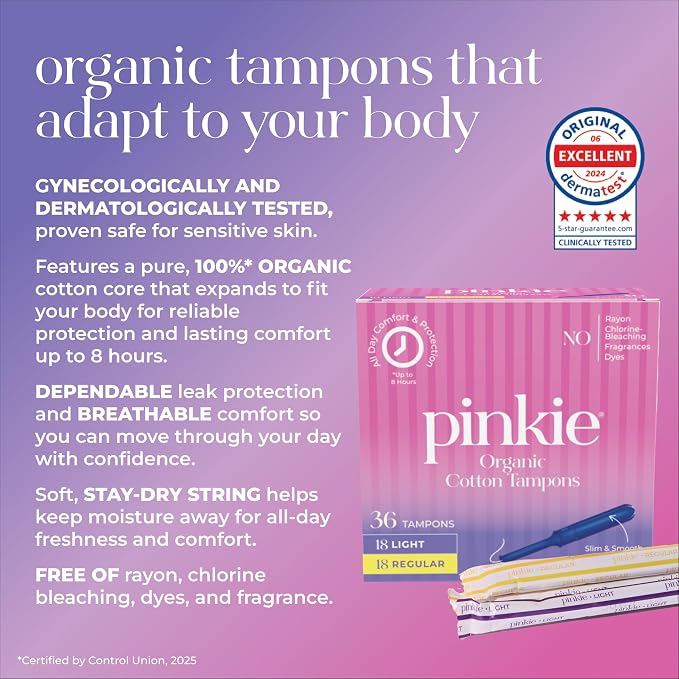 Pinkie Organic Tampons for Teens & Adults - 100% Cotton Core Adapts to Your Body - Slim BPA-Free Applicator for Comfortable Insertion - Chlorine, Fragrance, Dye & Rayon Free - Light/Regular, 36 Count