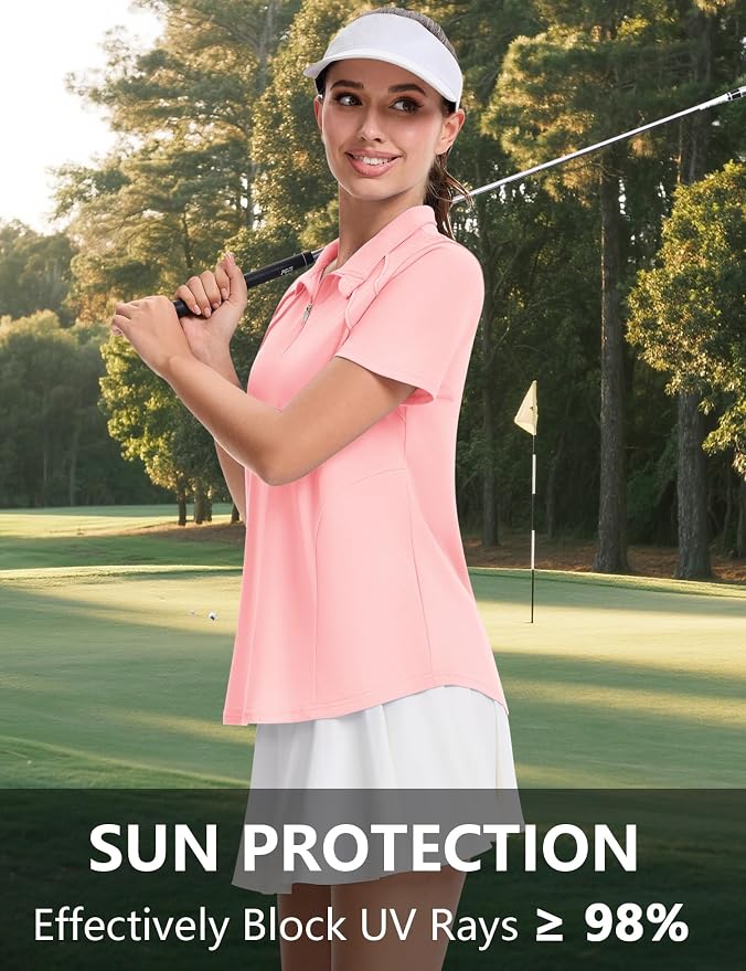 LOMON Womens Golf Polo Shirt Summer Short Sleeve Quarter Zip Outfit | Side-Pockets,Princess Seams,Cotton,Wrinkle Free,Moisture Wicking,Quick-Dry,Lightweight,Collared,for Tennis Workout