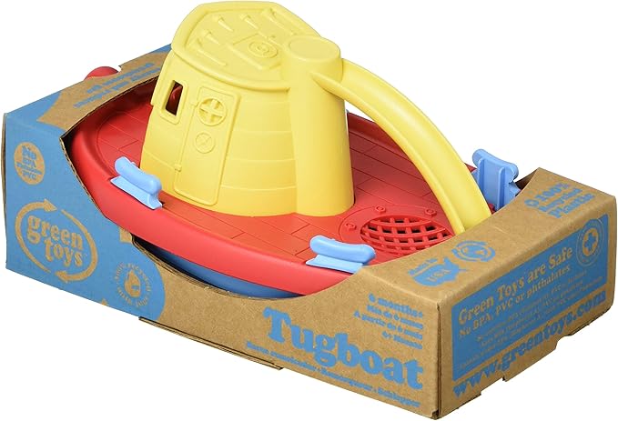 Green Toys Tugboat, Assorted CB - Pretend Play, Motor Skills, Kids Bath Toy Floating Pouring Vehicle. No BPA, phthalates, PVC. Dishwasher Safe, Recycled Plastic, Made in USA.