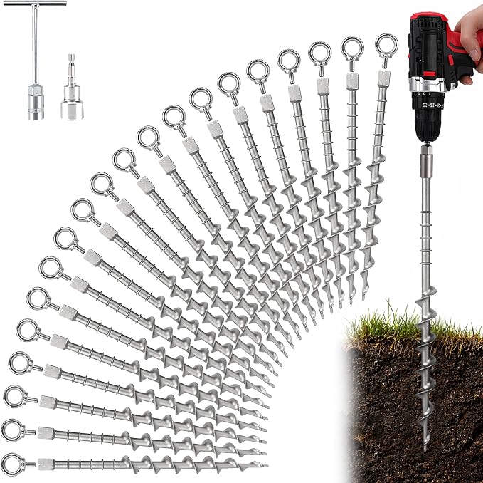 20 Pcs 12" Rustproof Aluminum Screw in Tent Stakes, Heavy Duty Ground Anchors with 8mm Adapter & Hooks, Durable Metal Stakes for Outdoor Camping, Tarp, Swing Sets, Lightweight & Strong Grip