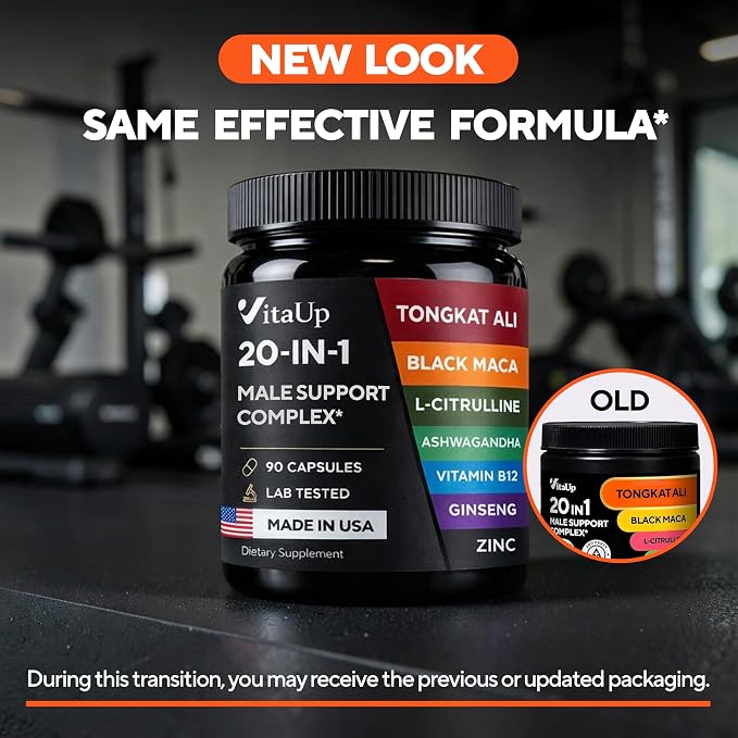 Vitamins for Men 20 in 1 - USA Made Advanced Complex with Tongkat Ali, Black Maca Root for Men, Zinc, Vitamin B12, Astragalus for Normal Energy Support - 90 Vegan Caps