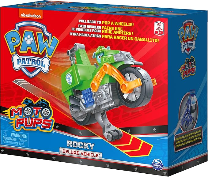 Paw Patrol, Moto Pups Rocky’s Deluxe Pull Back Motorcycle Vehicle with Wheelie Feature and Toy Figure