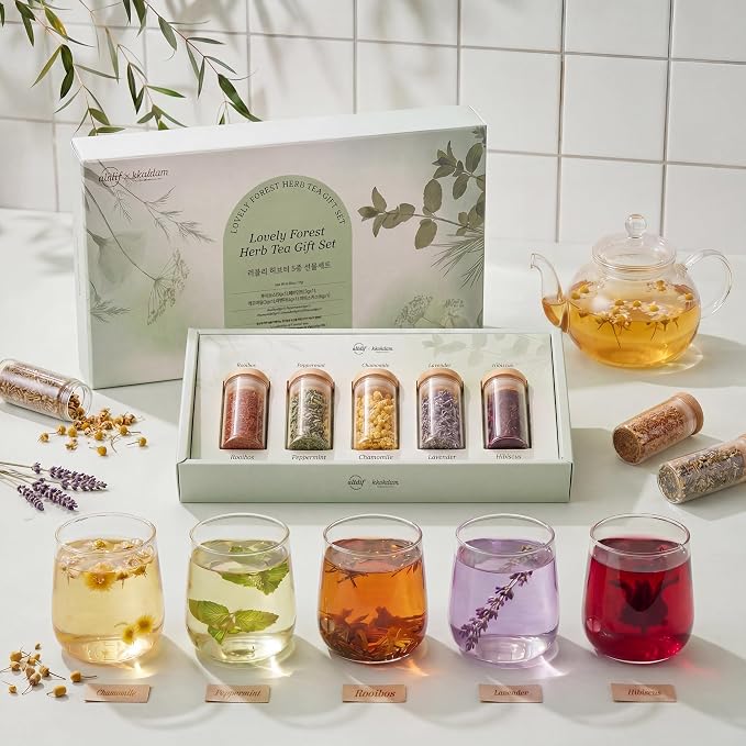 KKOKDAM Lovely Forest Herb Tea Gift Set - 5 Caffeine-Free Loose Leaf Teas in Glass Jars (Rooibos, Peppermint, Chamomile, Lavender, Hibiscus) - Korean Tea Gift Box 0.88oz