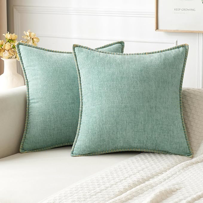 MIULEE Decorative Couch Throw Pillow Covers 20x20 Inch Aqua Green 2 Pack | Farmhouse Pillow Covers with Stitched Edge, Soft Chenille Cushion Cases, for Sofa Bed Living Room Home Decor
