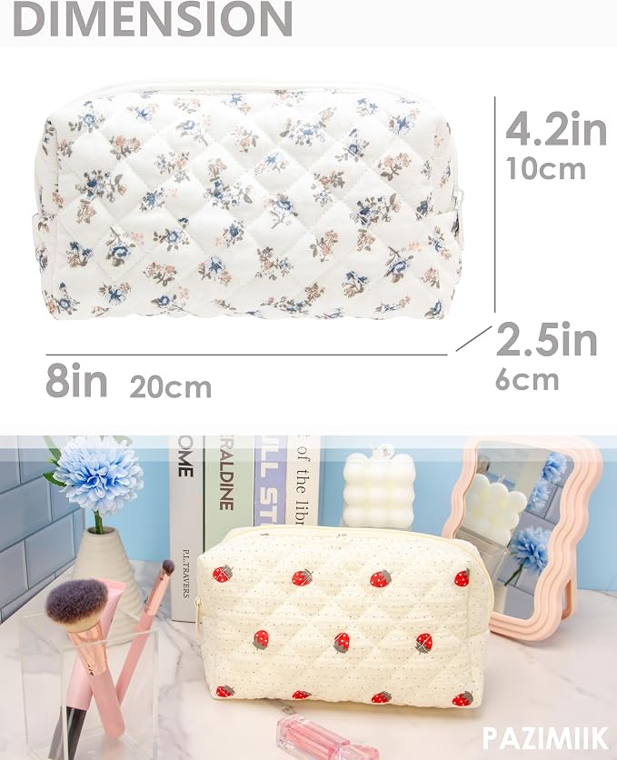PAZIMIIK Small Quilted Makeup Bag,Zipper Cosmetic Pouch,Gauze Hyacinth | Lightweight Cosmetic Bag Organizer for Women,Purse Storage Holds Makeup,Toiletries,Skincare,Beauty Essentials,Travel Items