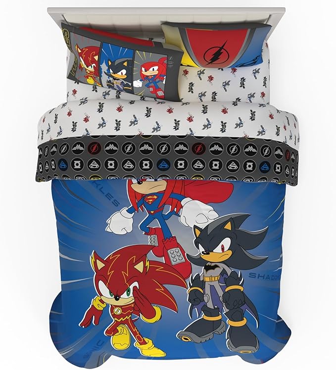 DC x Sonic The Hedgehog Kids Bedding Set, Full Size, 5-Piece Super Soft Cozy Reversible Comforter & Sheet Set (Officially Licensed Product) by Franco | Durable, Reversible, Officially Licensed